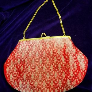 100% silk artisinal red and gold clutch purse with chain